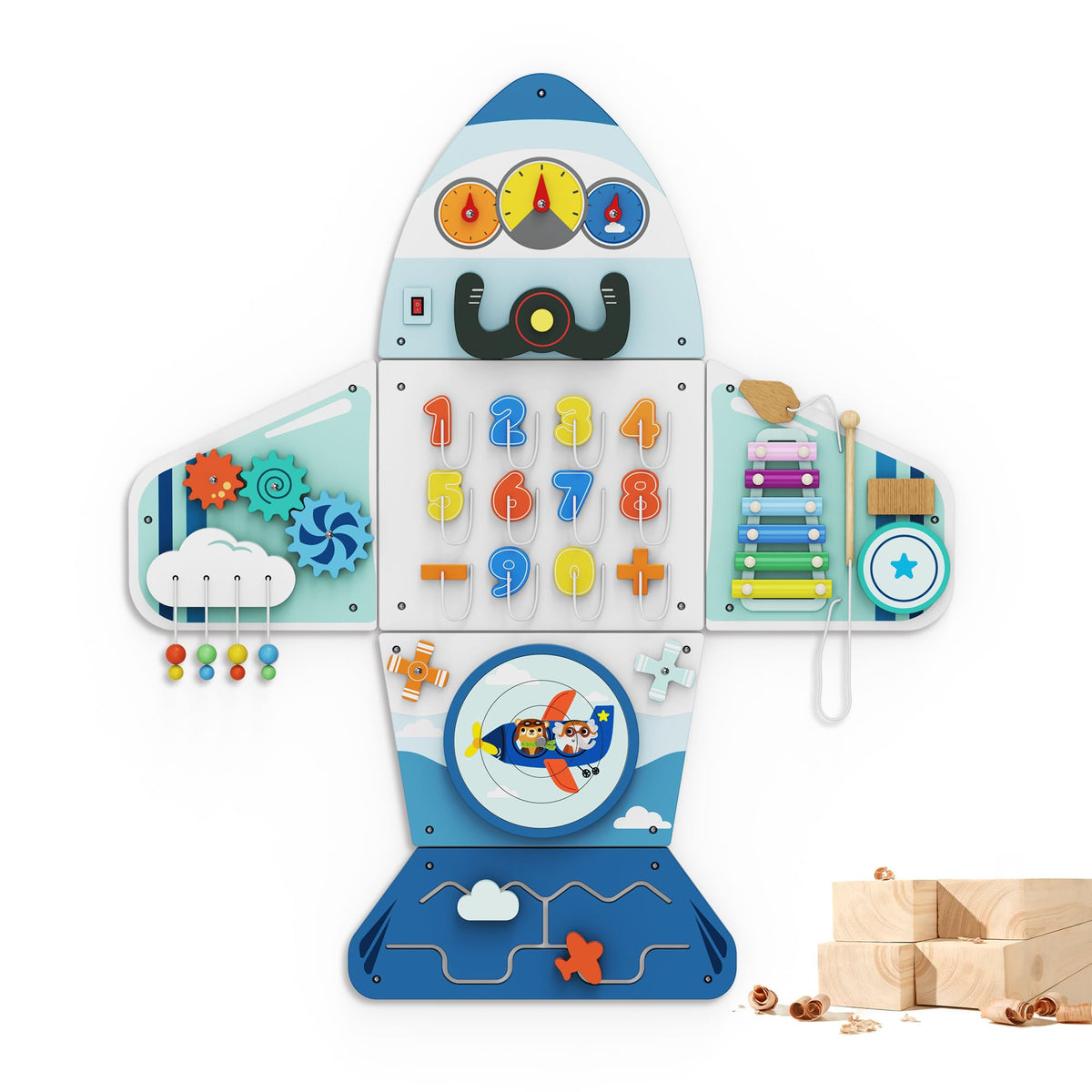 BlueWood Aircraft Busy Board Panel shown on wall promoting fine motor play and exploration