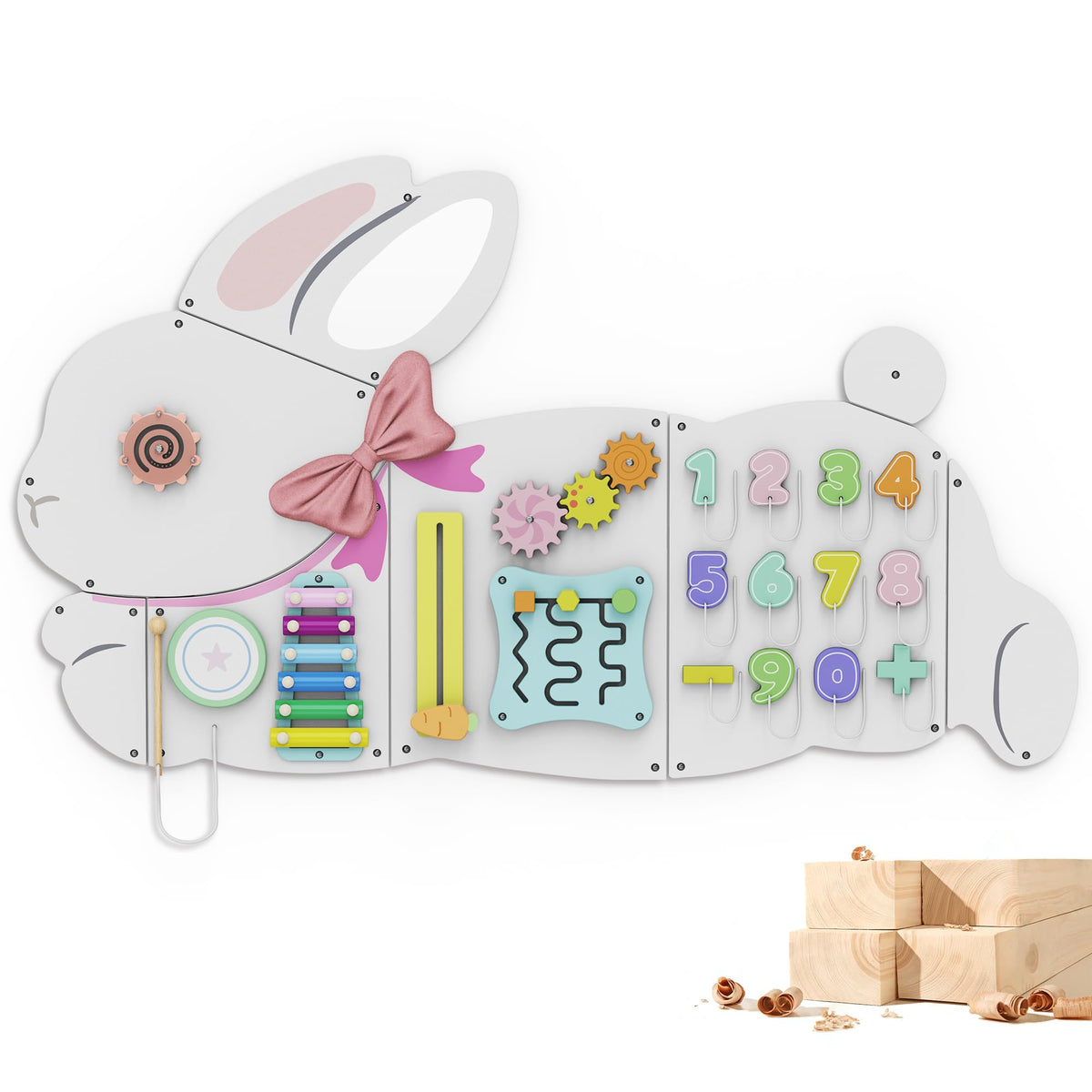 BlueWood Busy Board wall panel with eight activities boosts fine motor skills during play