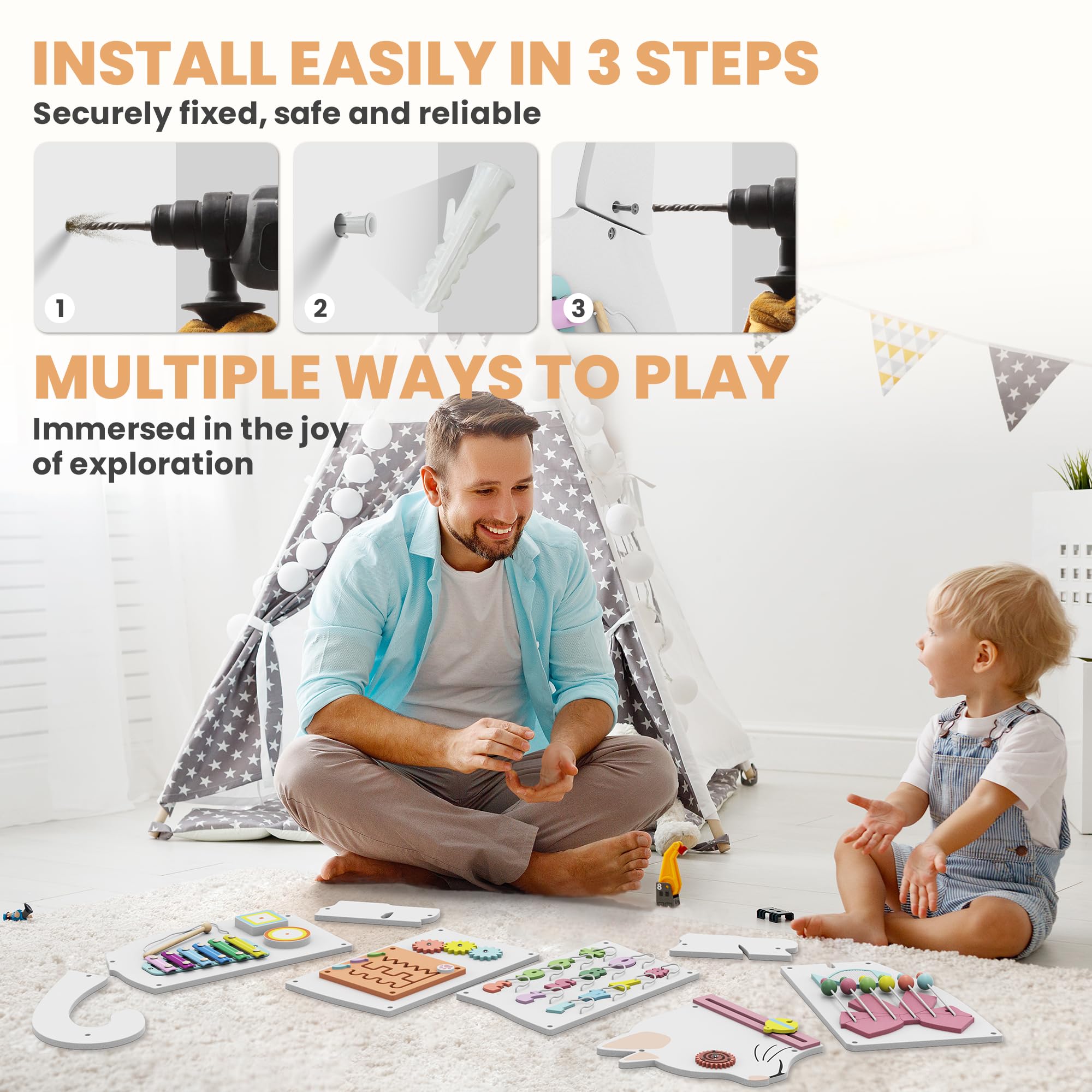 BlueWood Busy Board buttons closeup supports fine motor play.