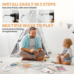 BlueWood Busy Board buttons closeup supports fine motor play.