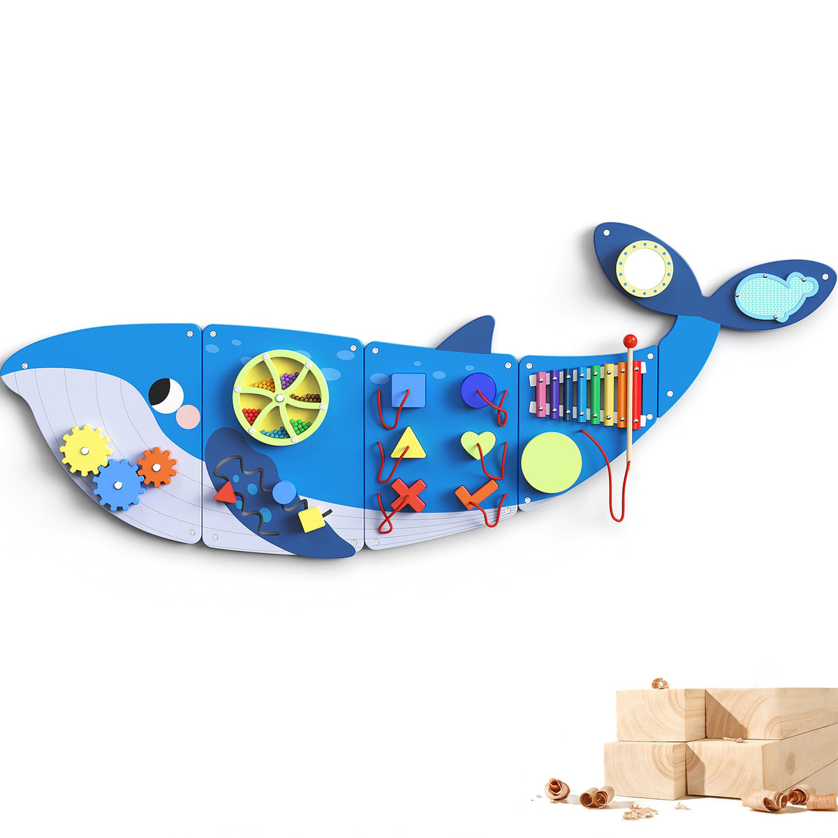 BlueWood Busy Board Wall Panel closeup showcasing eight activities for fine motor skills.