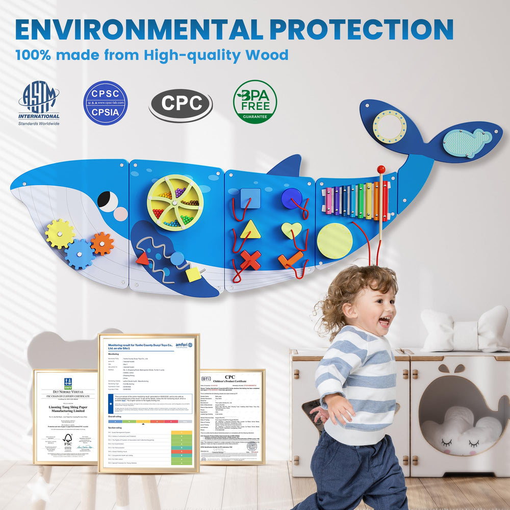 BlueWood Busy Board Wall Panel eco-friendly solid wood with FSC certification.