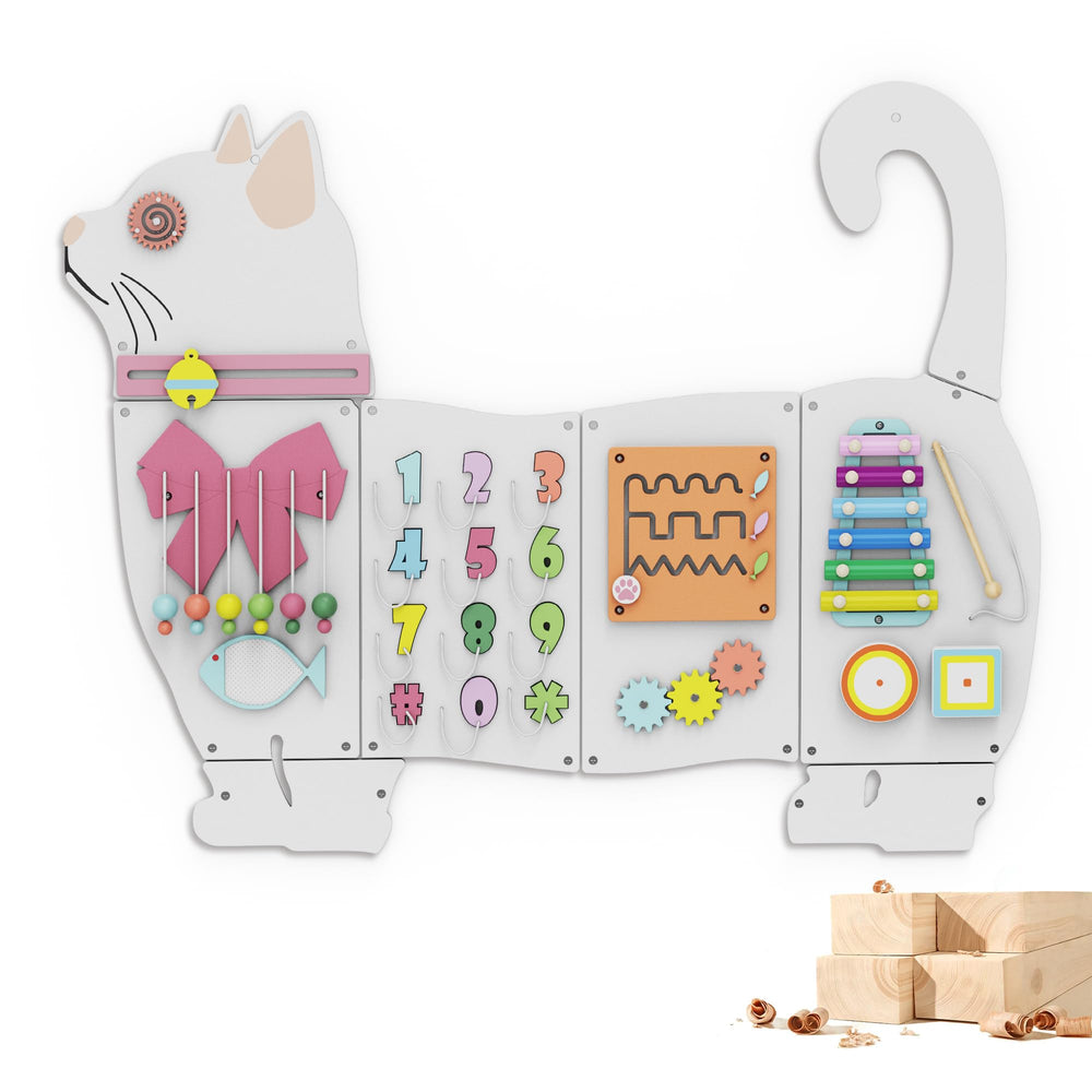BlueWood Busy Board wall panel setup promotes fine motor skills.