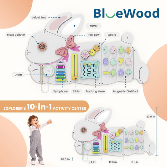 BlueWood Busy Board wall panel shows natural wood grain for sensory exploration