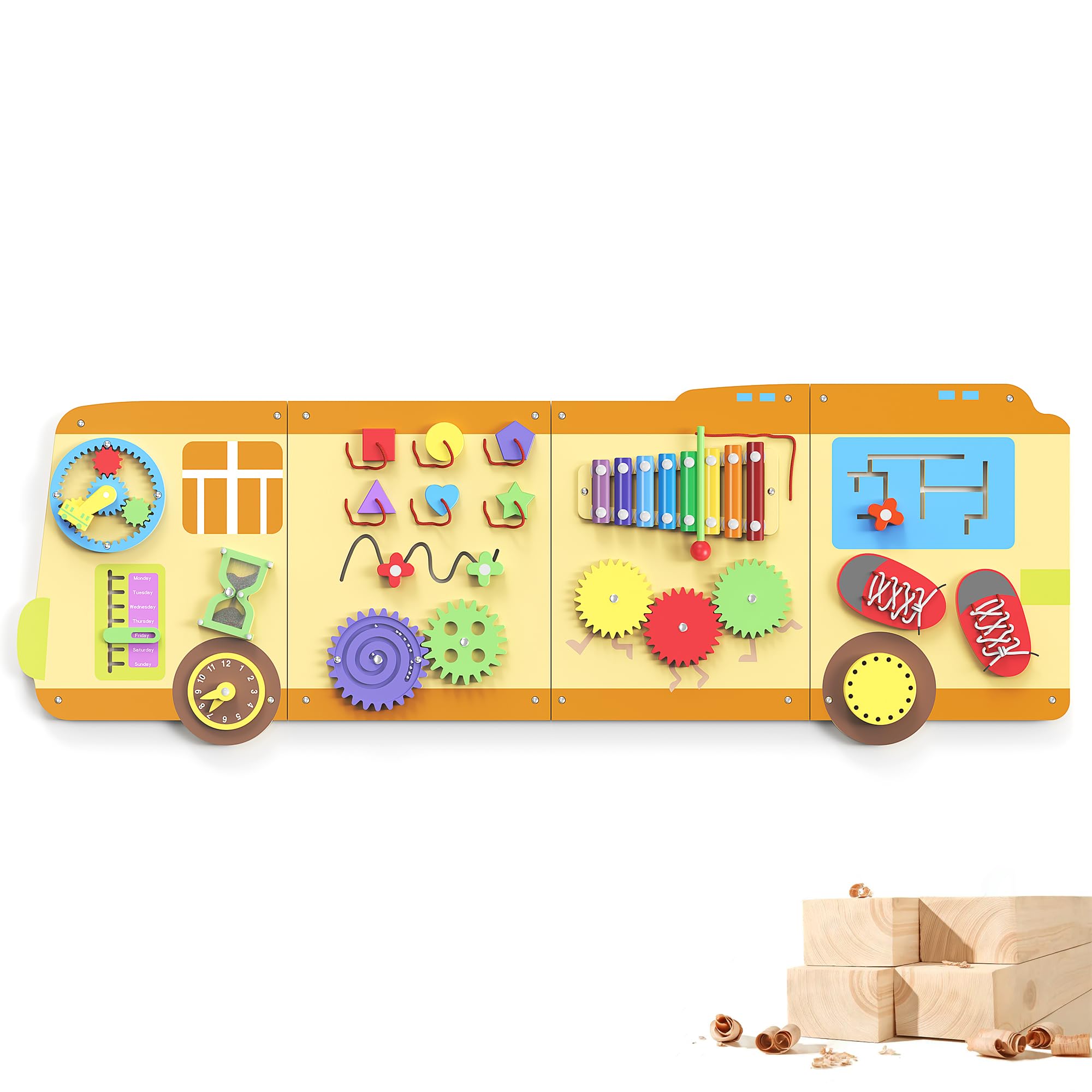 BlueWood Busy Board Wall Panel enhances fine motor skills and problem solving.
