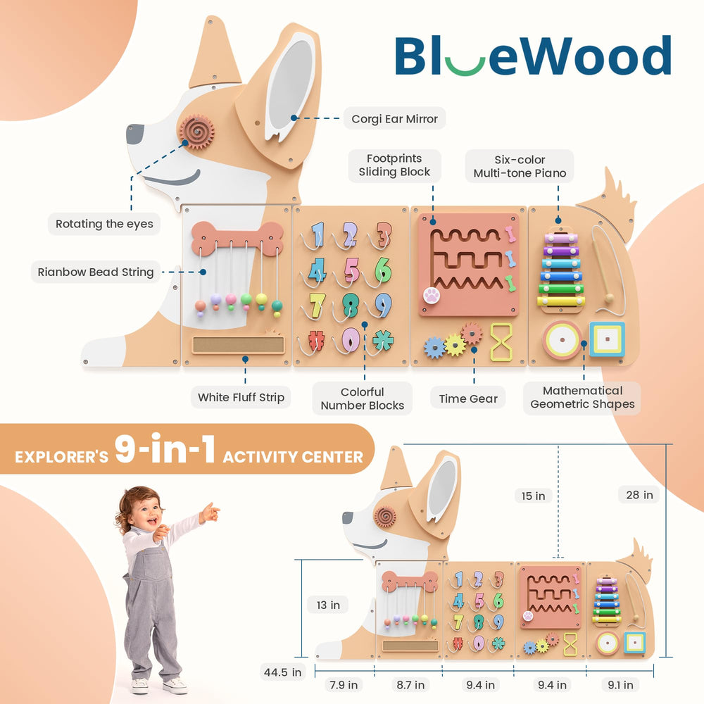 BlueWood Busy Board wooden buttons stimulate tactile play for dexterity