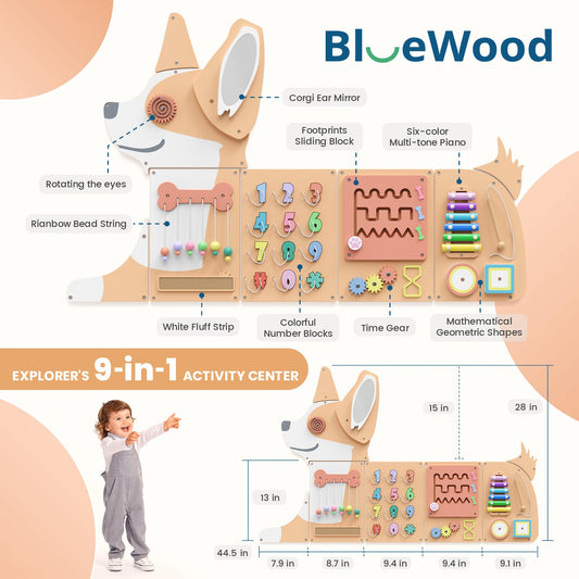 BlueWood Busy Board wooden buttons stimulate tactile play for dexterity