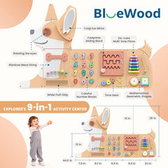 BlueWood Busy Board wooden buttons stimulate tactile play for dexterity