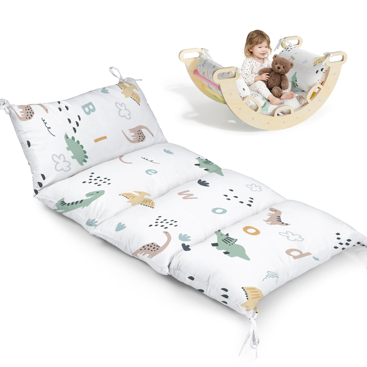 BlueWood Dinosaur Pikler cushion on the arch for soft, secure climbing play.
