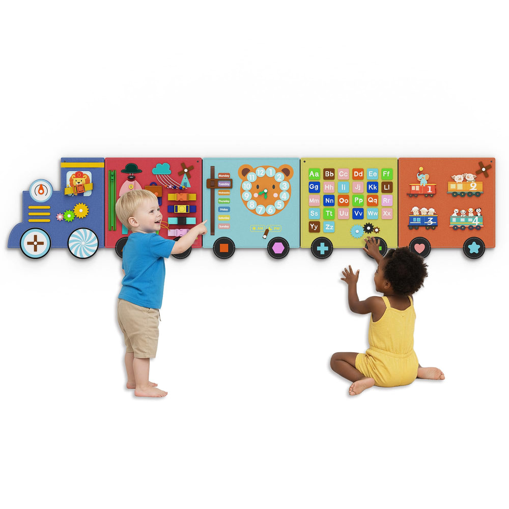 BlueWood Busy Board panel close-up highlighting durable felt surface for toddler learning.