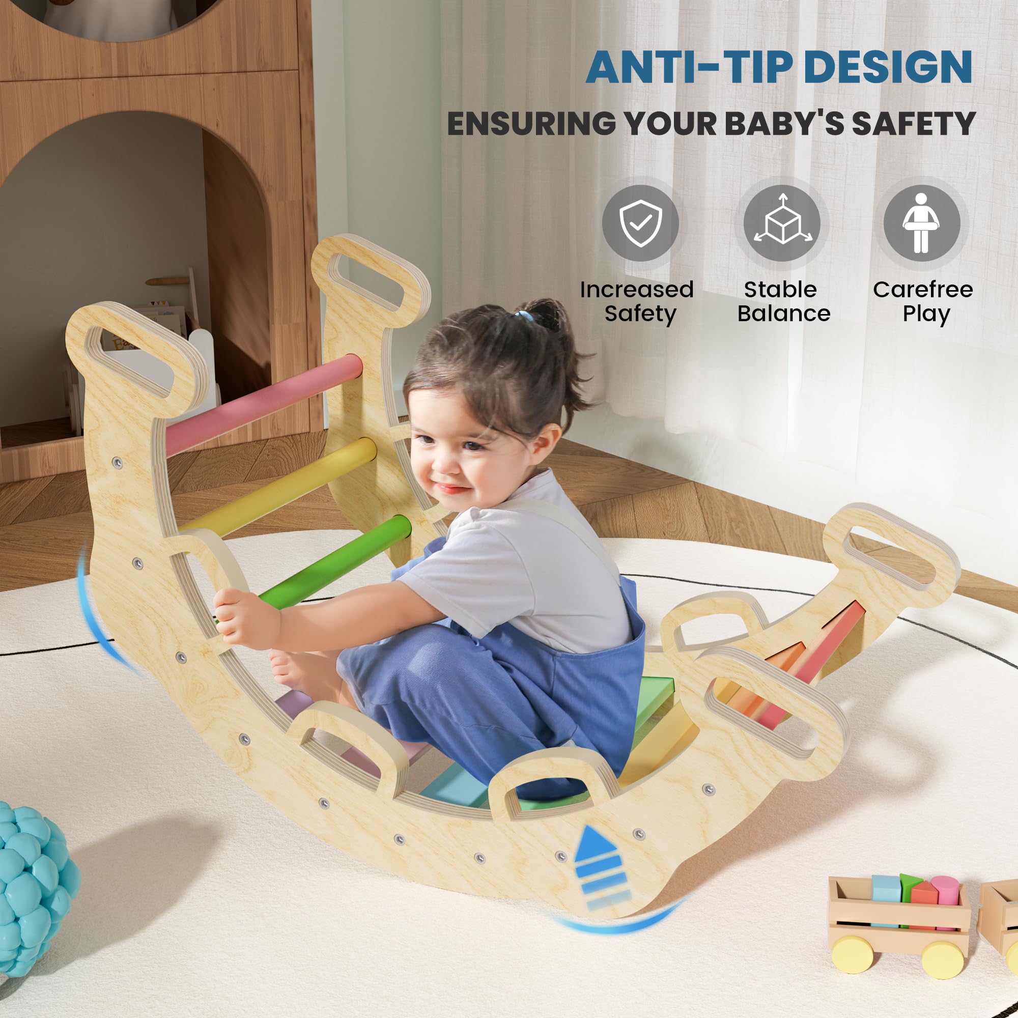 BlueWood foldable Pikler set saves space and simplifies storage after play.