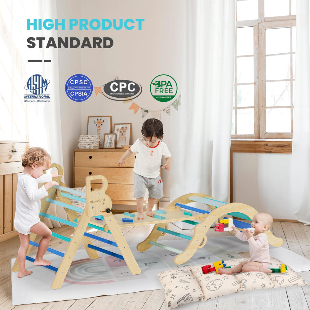 BlueWood kids playing with Pikler set demonstrates versatile climbing play.