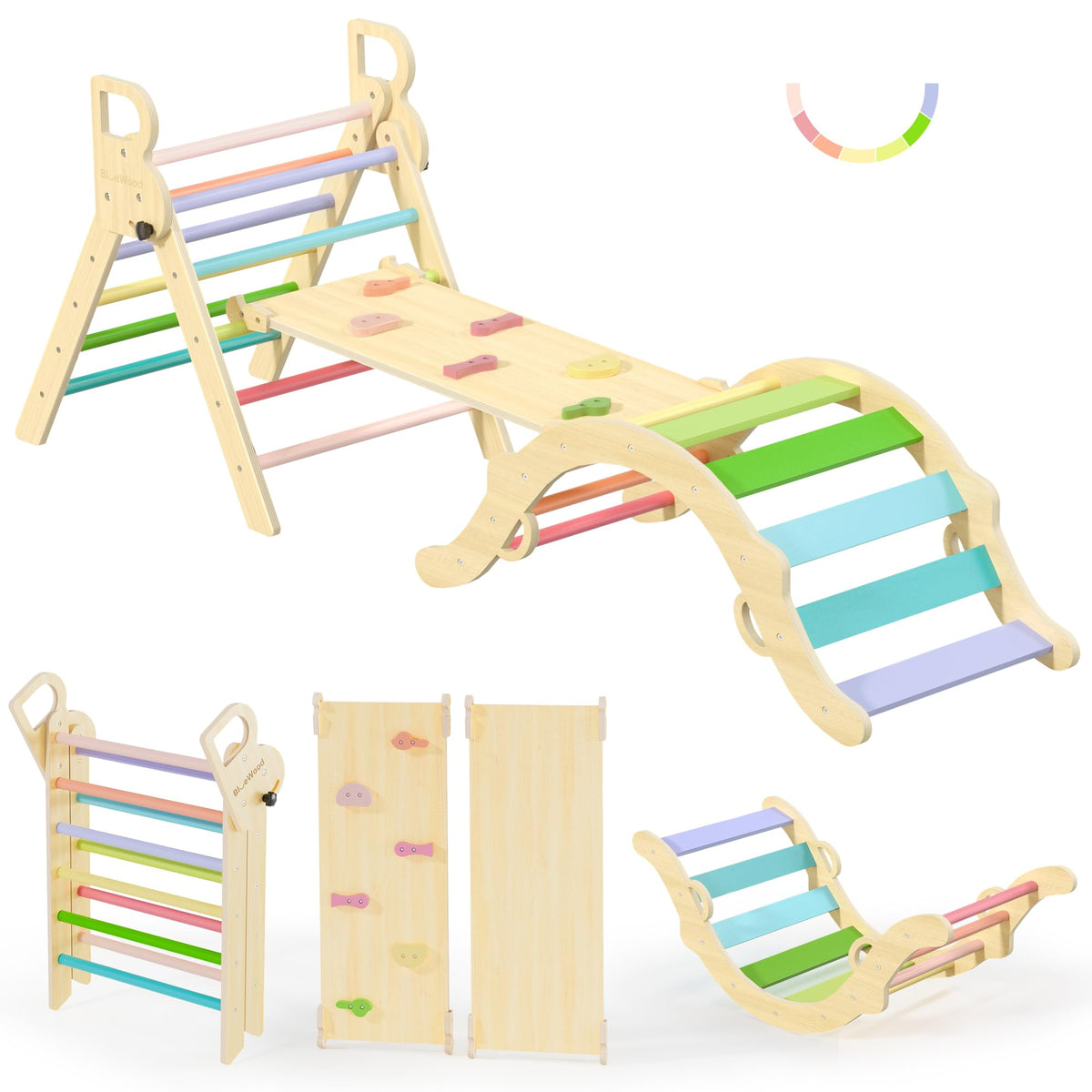 BlueWood Pikler arch anti-tip safety for toddlers.
