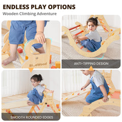 BlueWood Pikler foldable tripod storage keeps the set compact.