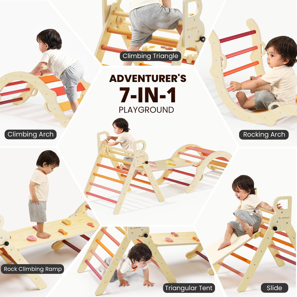 BlueWood Pikler ladder provides steady climbing practice for balance.