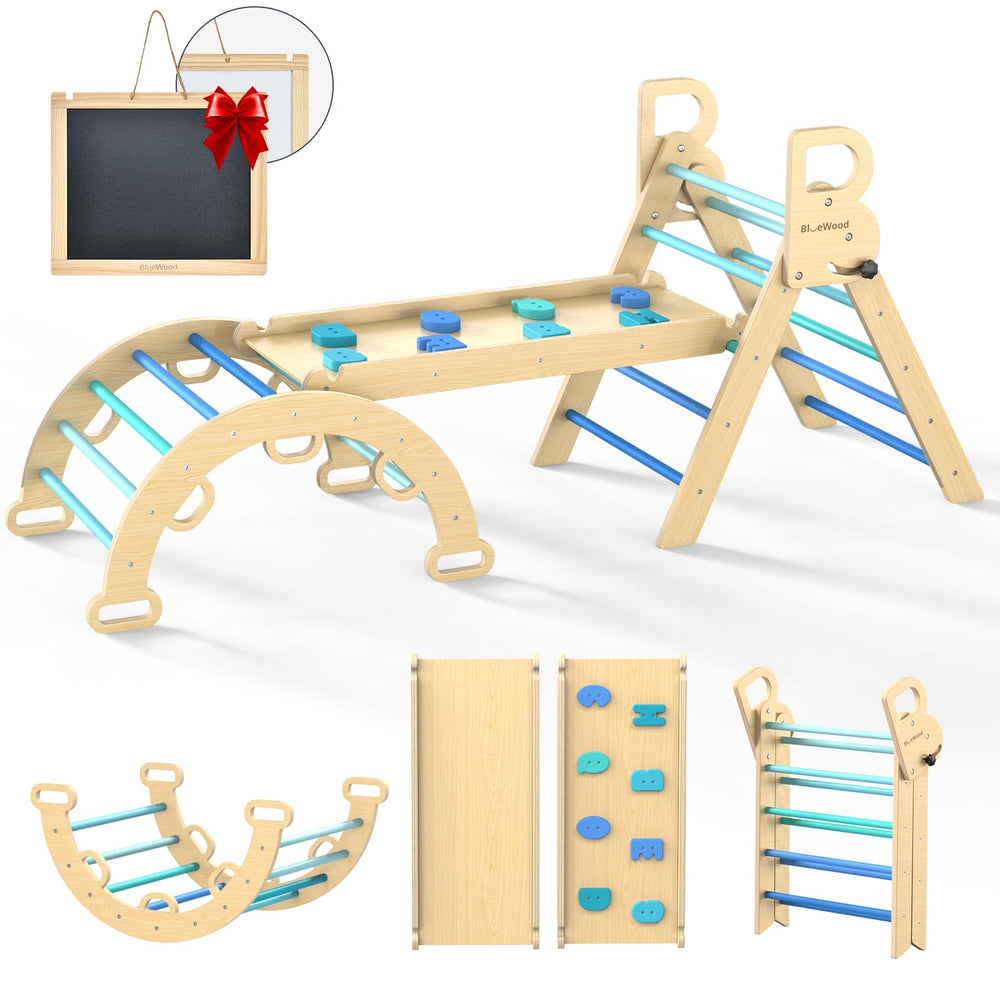 BlueWood Pikler Triangle 7-in-1 foldable climber promotes imaginative indoor play.