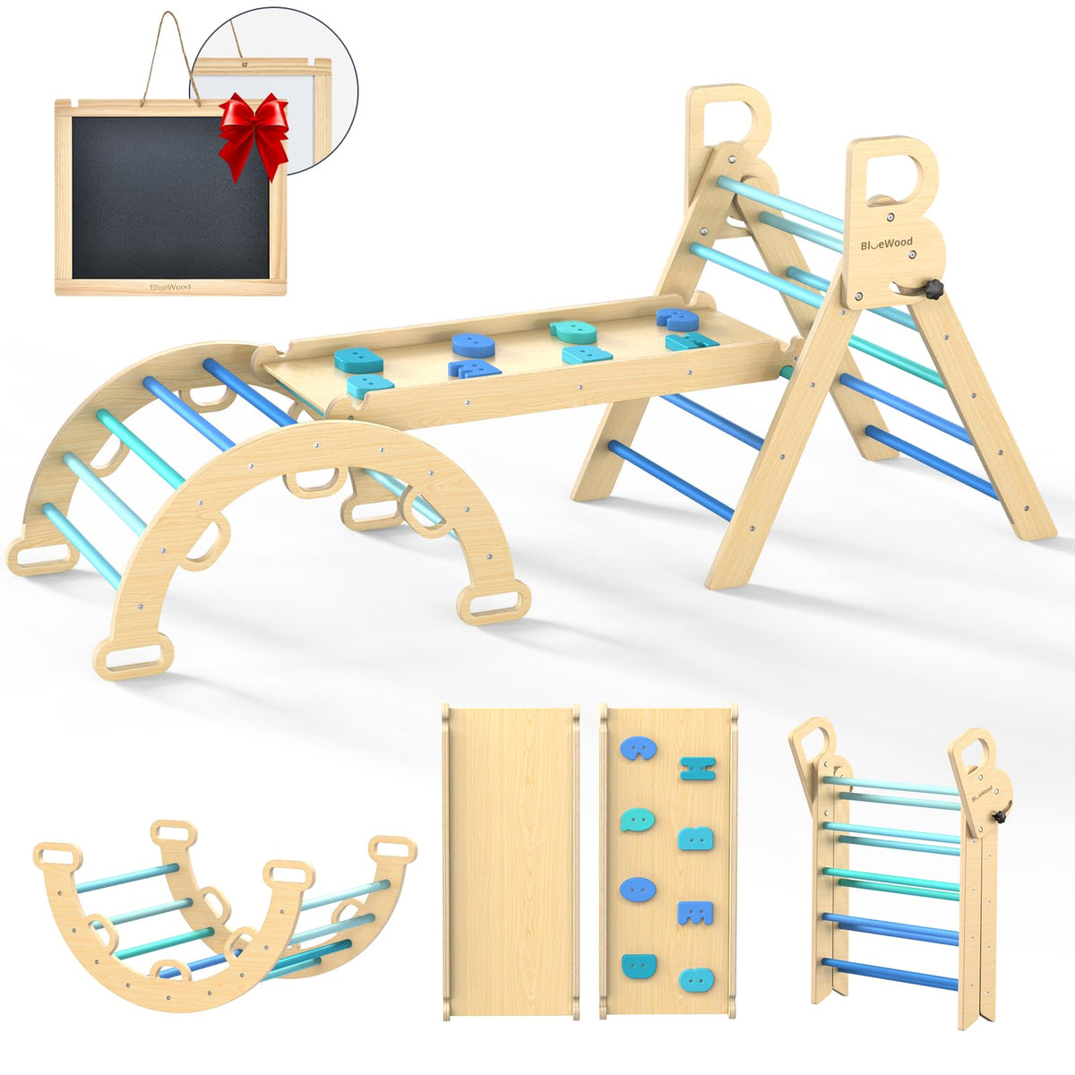 BlueWood Pikler Triangle 7-in-1 foldable climber promotes imaginative indoor play.