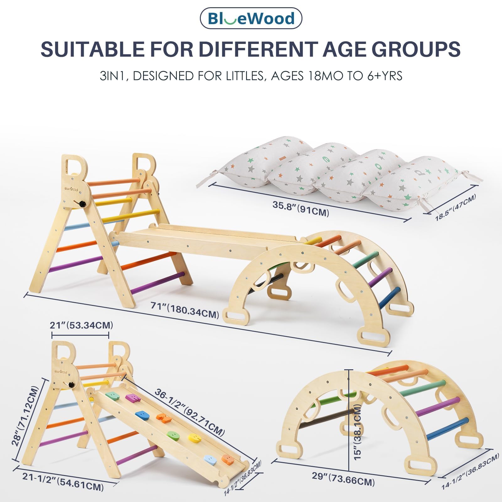 BlueWood 8-in-1 Pikler playset enables diverse, imaginative play configurations.