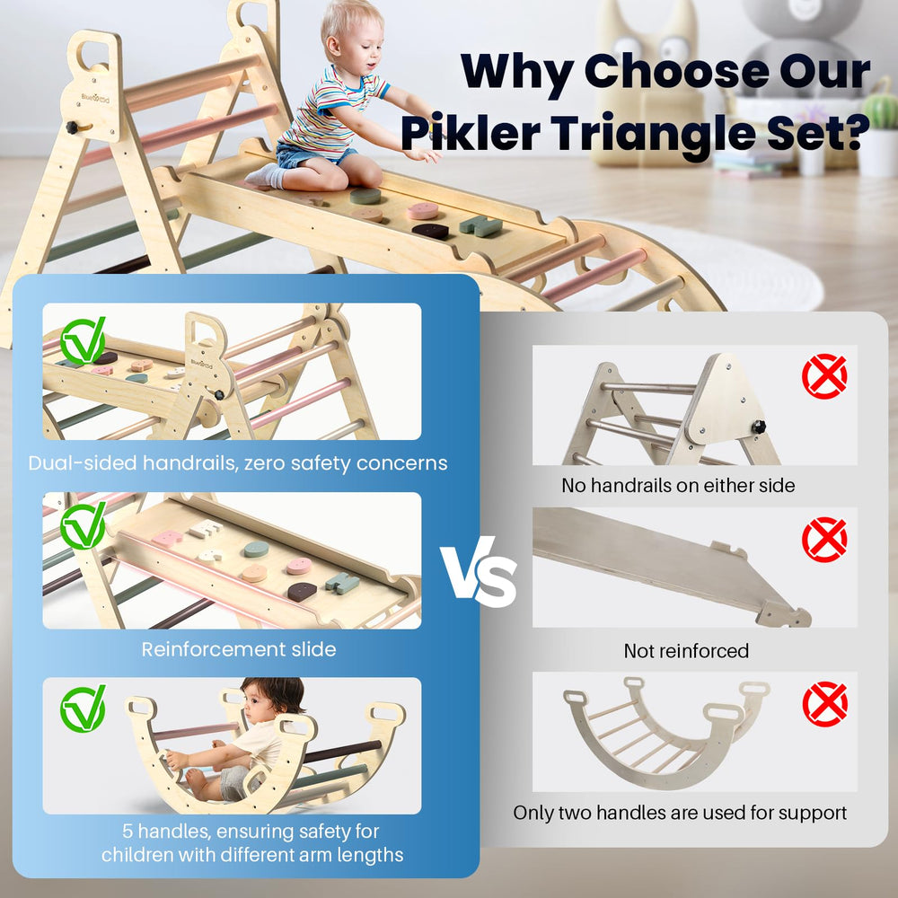 BlueWood Pikler Triangle with arch ladder provides varied climbing routes for toddlers.