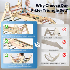 BlueWood Pikler Triangle with arch ladder provides varied climbing routes for toddlers.