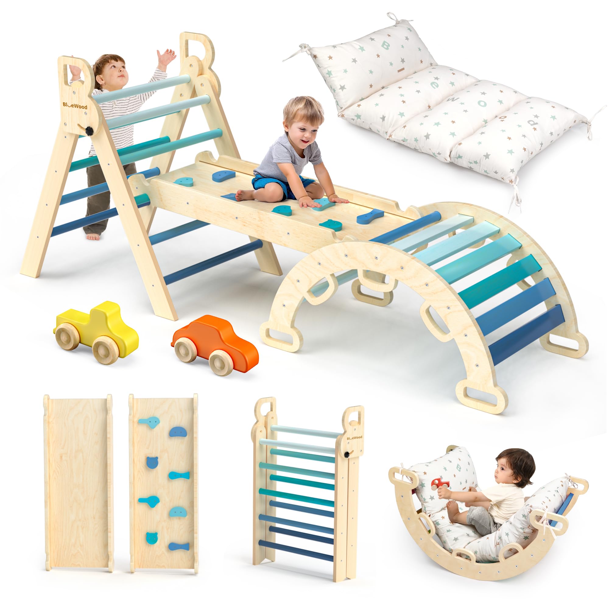 BlueWood Pikler triangle arch rocking setup supports early balance during play.