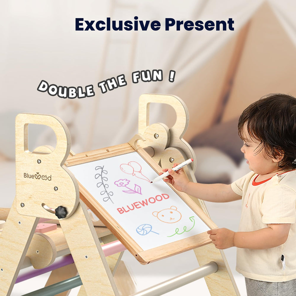 BlueWood Pikler triangle includes exclusive blackboard to boost creativity