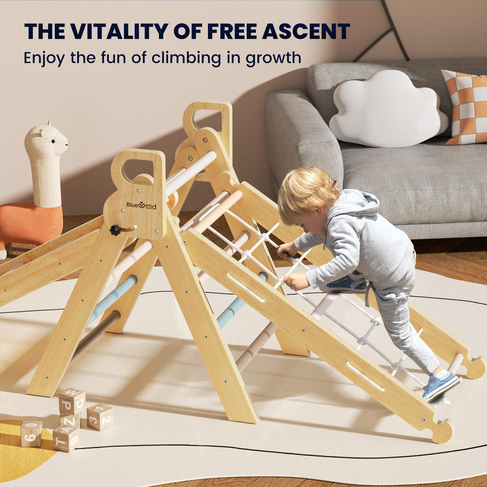 BlueWood Pikler triangle foldable design enables compact storage in small spaces.