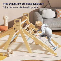 BlueWood Pikler triangle foldable design enables compact storage in small spaces.