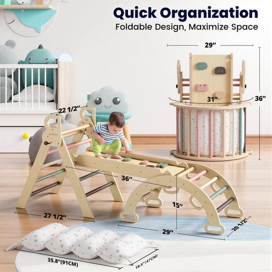 BlueWood Pikler triangle folds flat to save space during storage