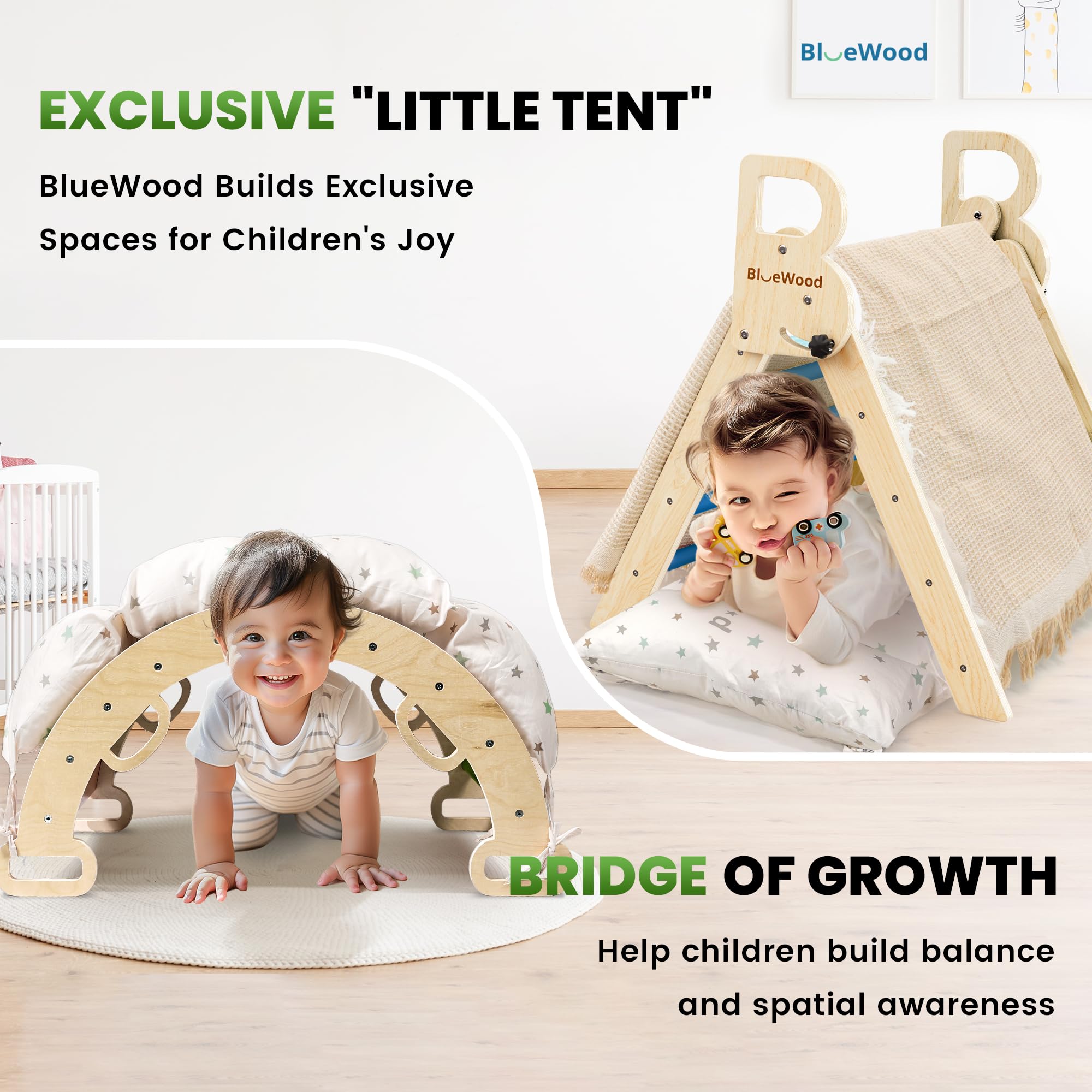 BlueWood Pikler triangle folded storage demonstrates compact space-saving design.
