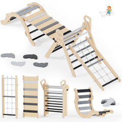 BlueWood Pikler triangle in grey twilight, safe climbing introduction for toddlers.
