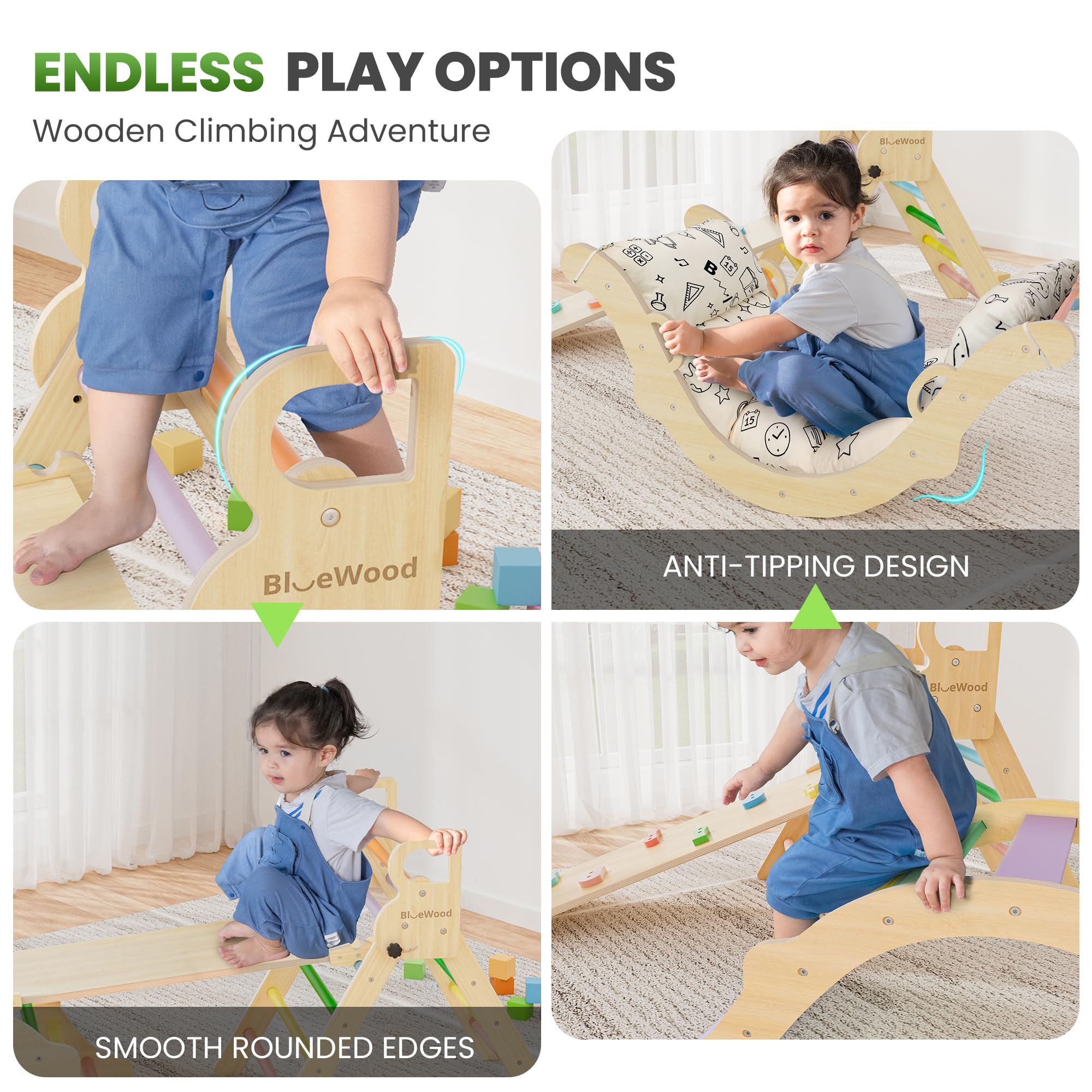 BlueWood Pikler Triangle Ramp – smooth transitions to encourage climbing exploration.