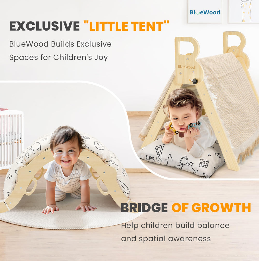 BlueWood Pikler triangle ramp enables seamless level transitions for playful exploration.