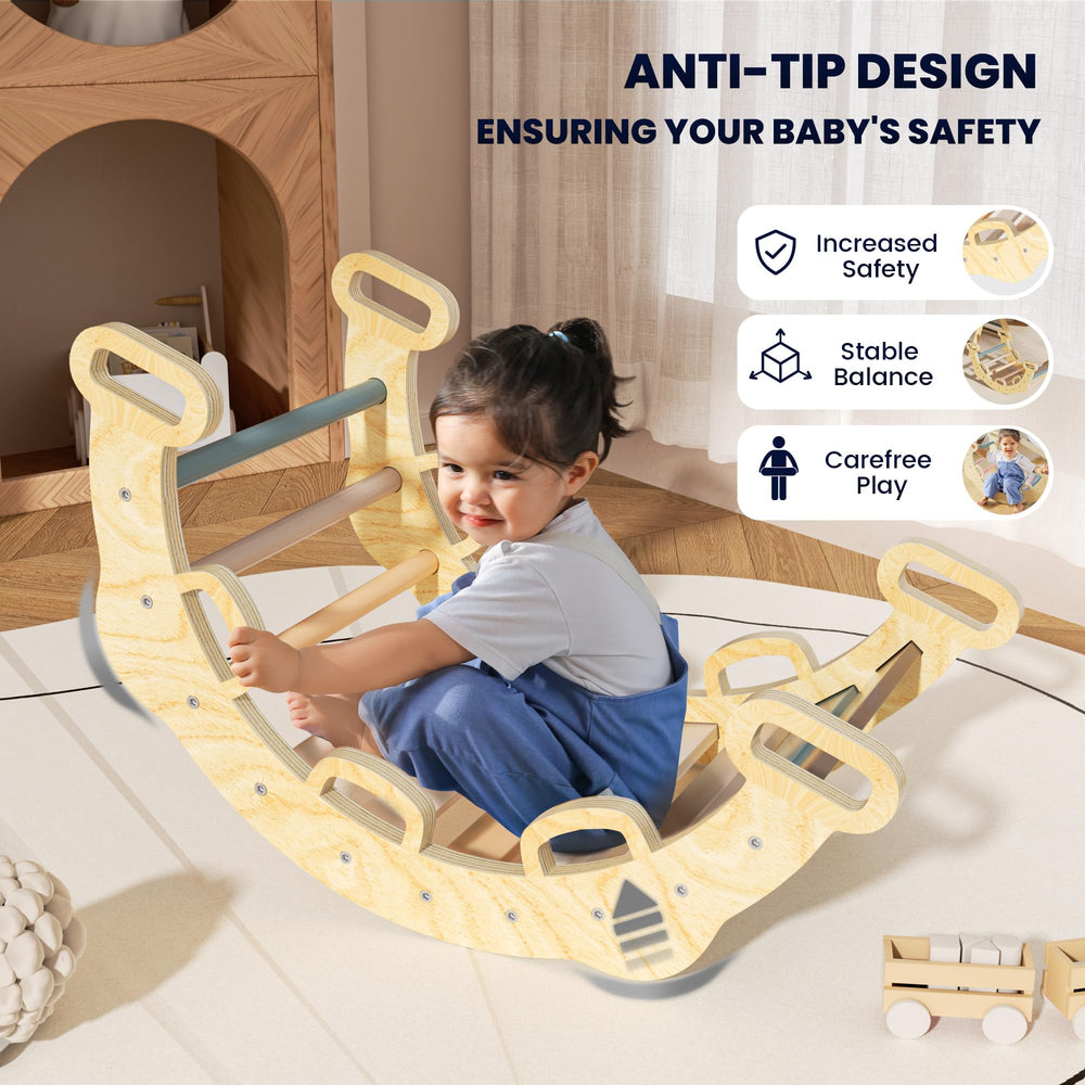 BlueWood Pikler triangle with rope ladder adds climbing variety for growing children.