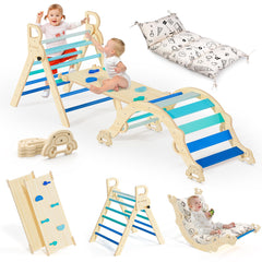 BlueWood Pikler Triangle Set with Arch in sky blue for safe toddler climbing.