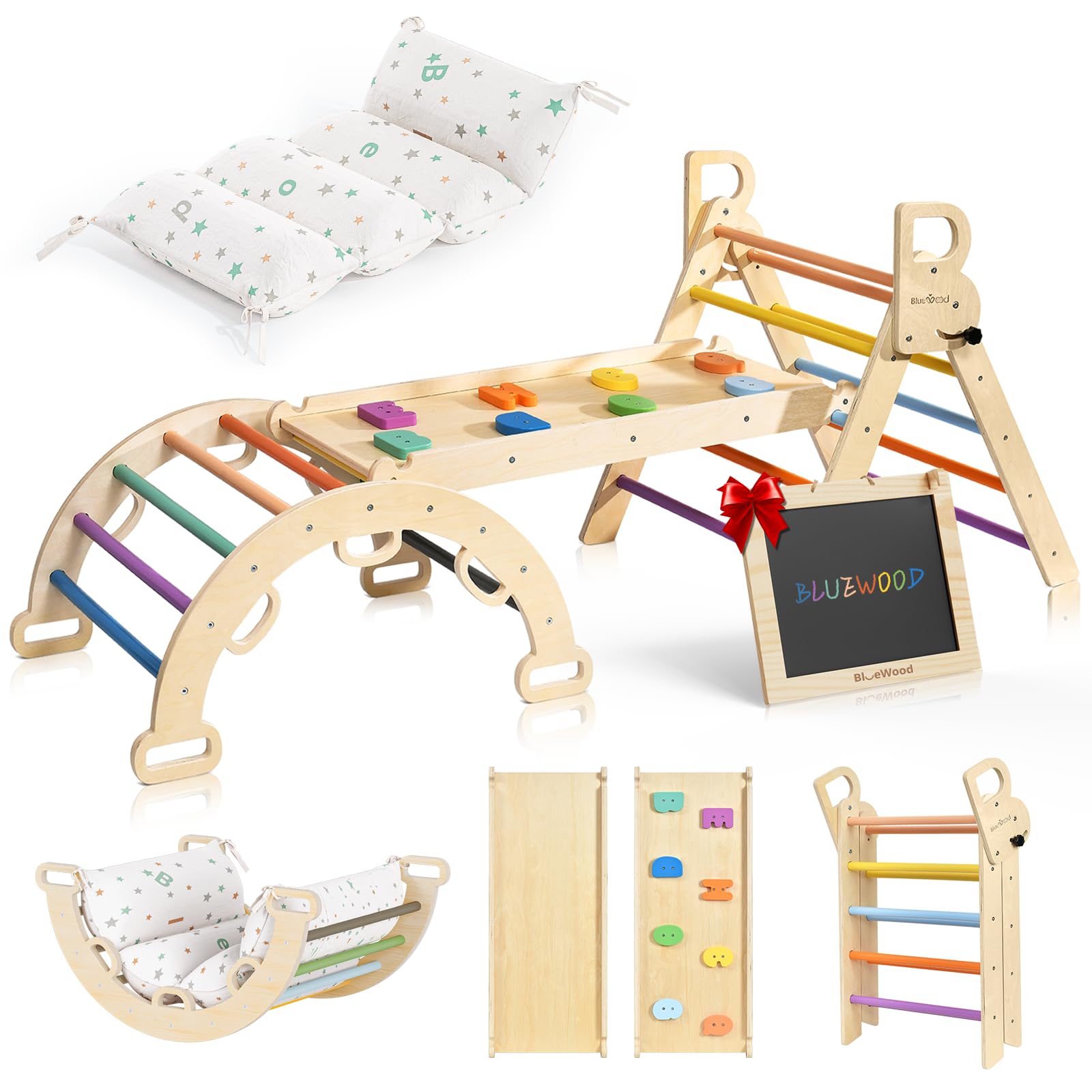 BlueWood Pikler triangle set with cushion offers safe indoor climbing for toddlers.