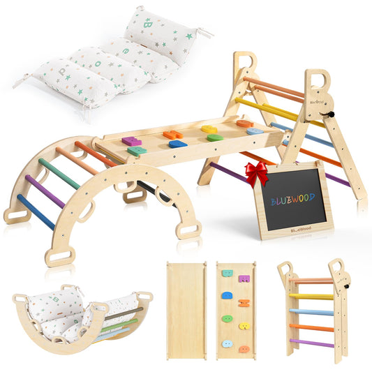 BlueWood Pikler triangle set with cushion offers safe indoor climbing for toddlers.