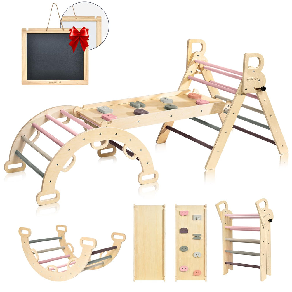 BlueWood Pikler Triangle Set foldable design offers compact storage and versatile play options.