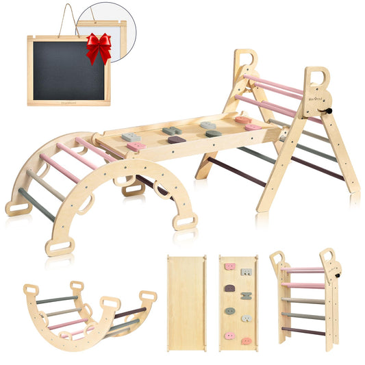 BlueWood Pikler Triangle Set foldable design offers compact storage and versatile play options.