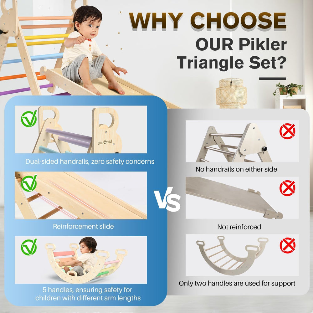 BlueWood Pikler Triangle Set folded-flat storage image highlighting space-saving design.