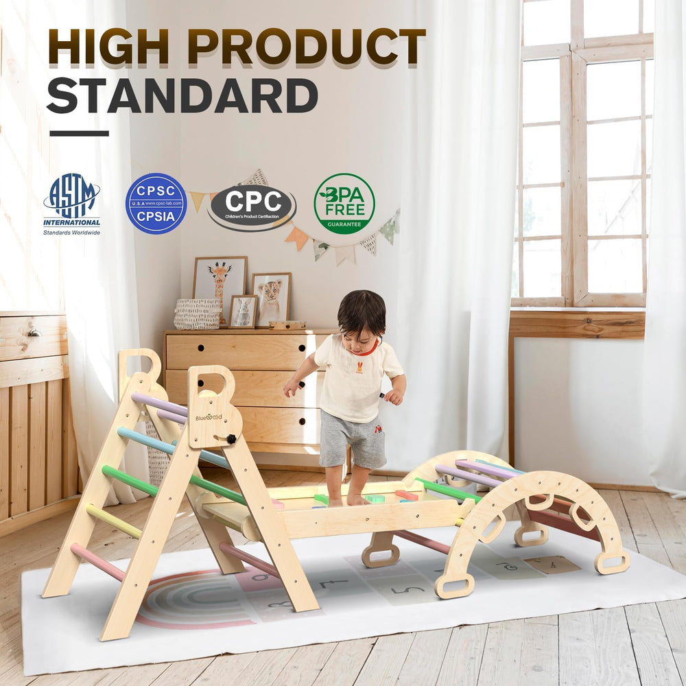 BlueWood Pikler Triangle Set in indoor play area for safe climbing.