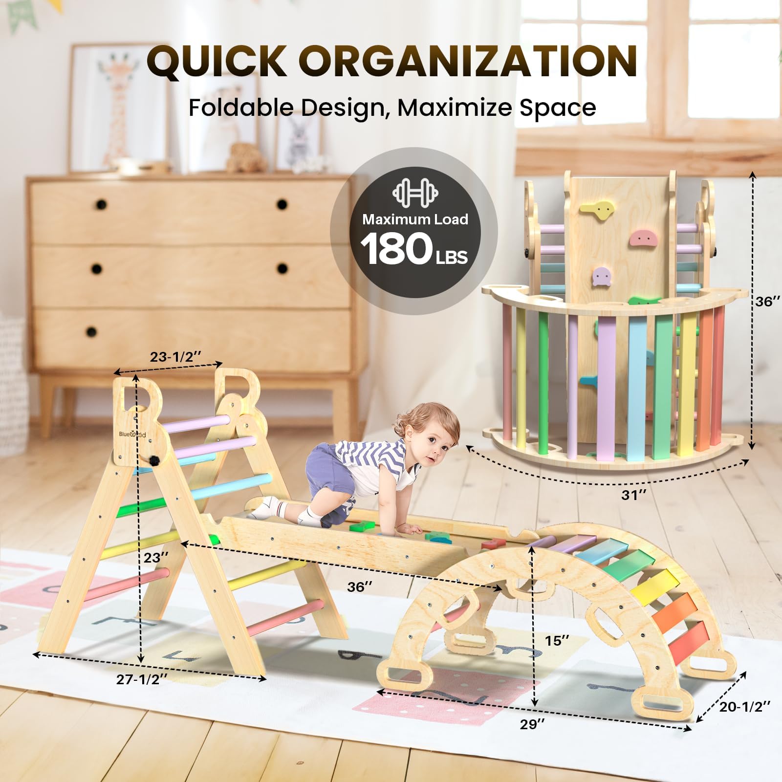 BlueWood Pikler Triangle Set safety standards badge indicating ASTM F963-17 compliance.