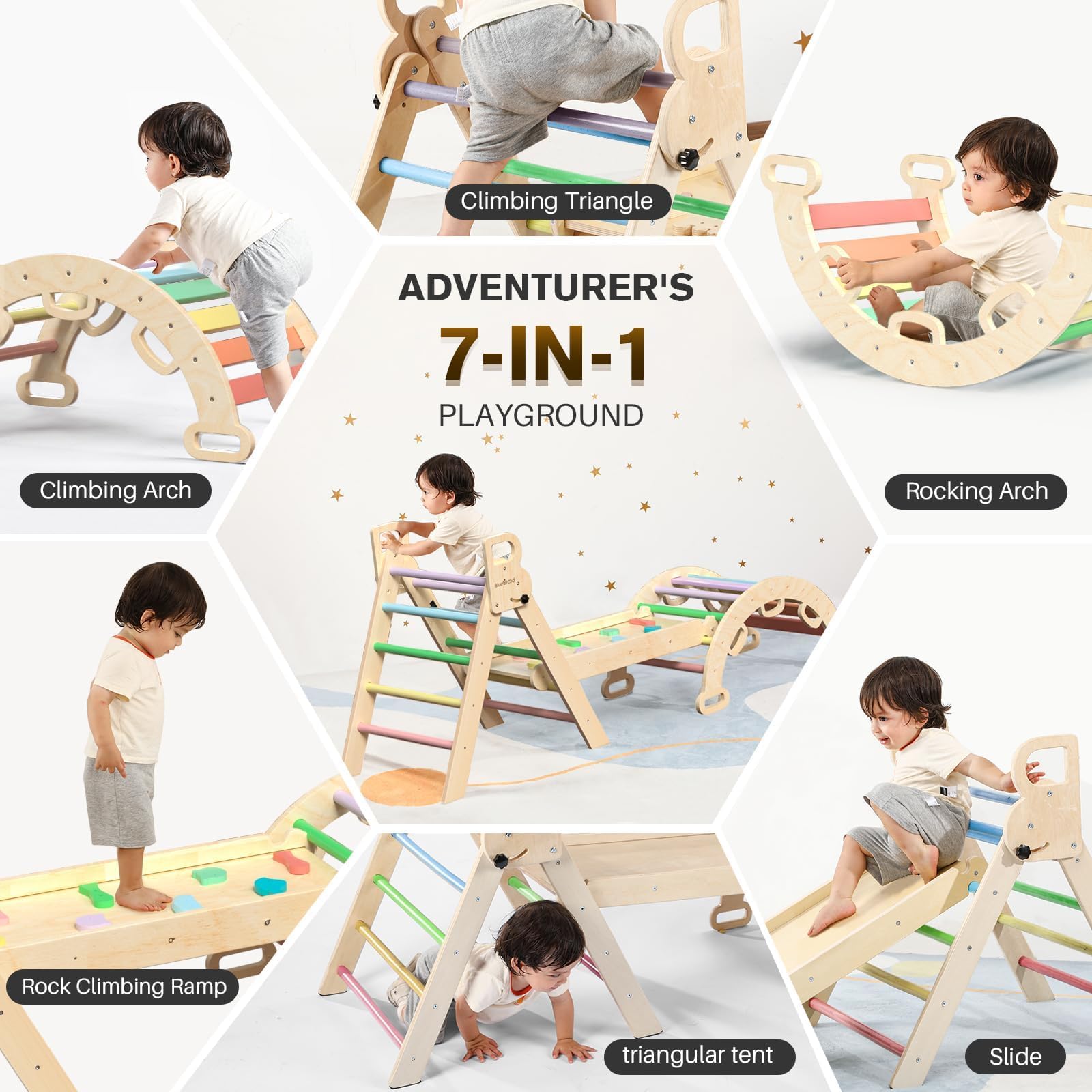 BlueWood Pikler Triangle Set weight capacity up to 160lbs ideal for toddlers.