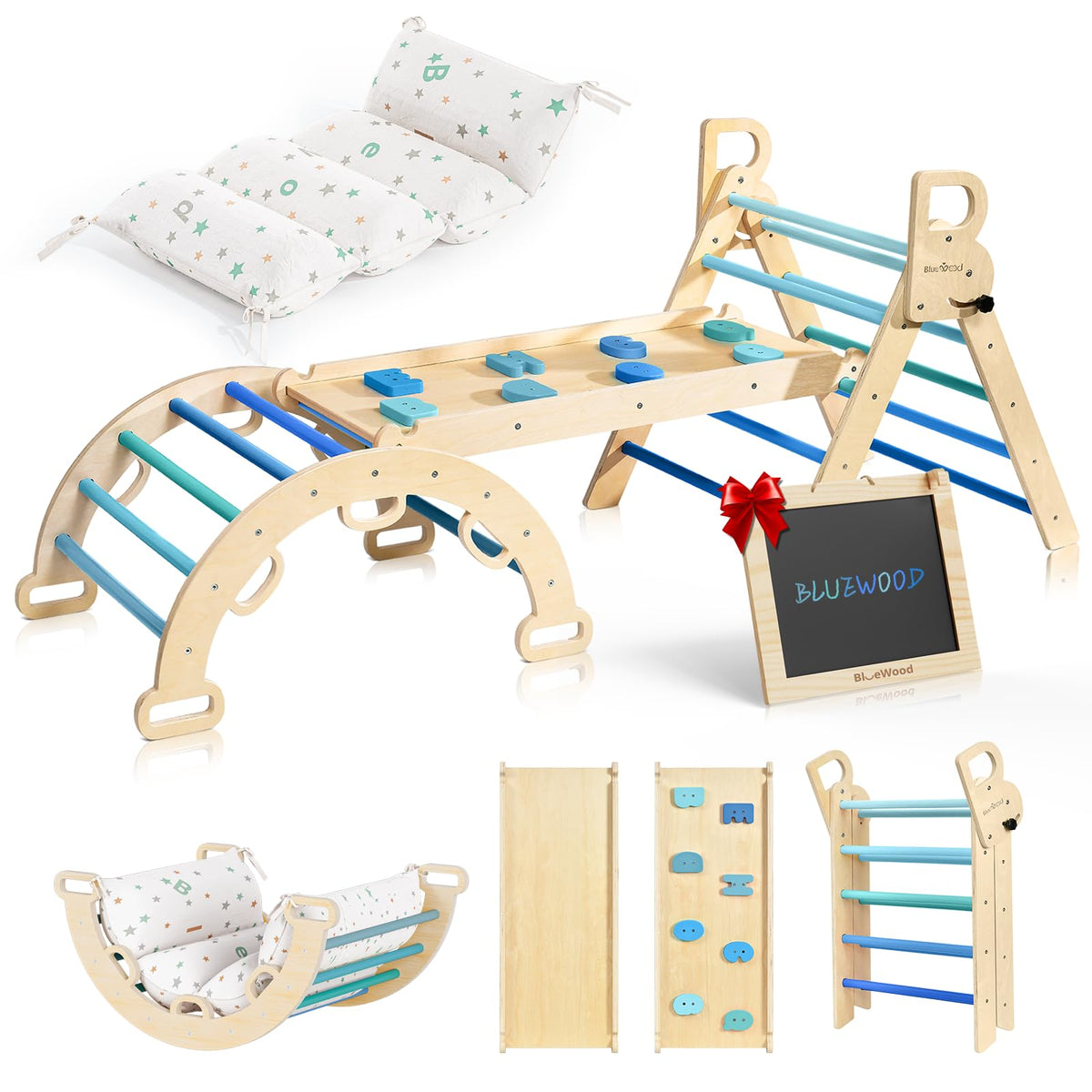 BlueWood Pikler triangle set fully assembled for indoor play and climbing