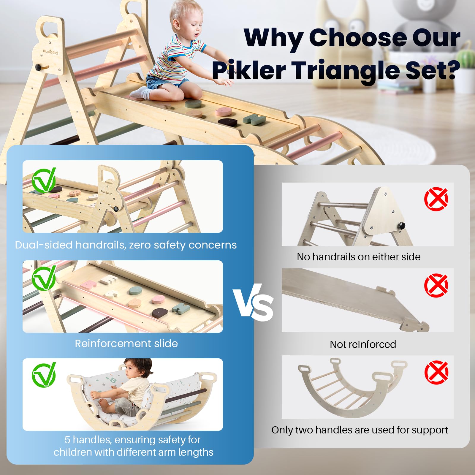 BlueWood Pikler triangle soft cushion provides comfortable, breathable support