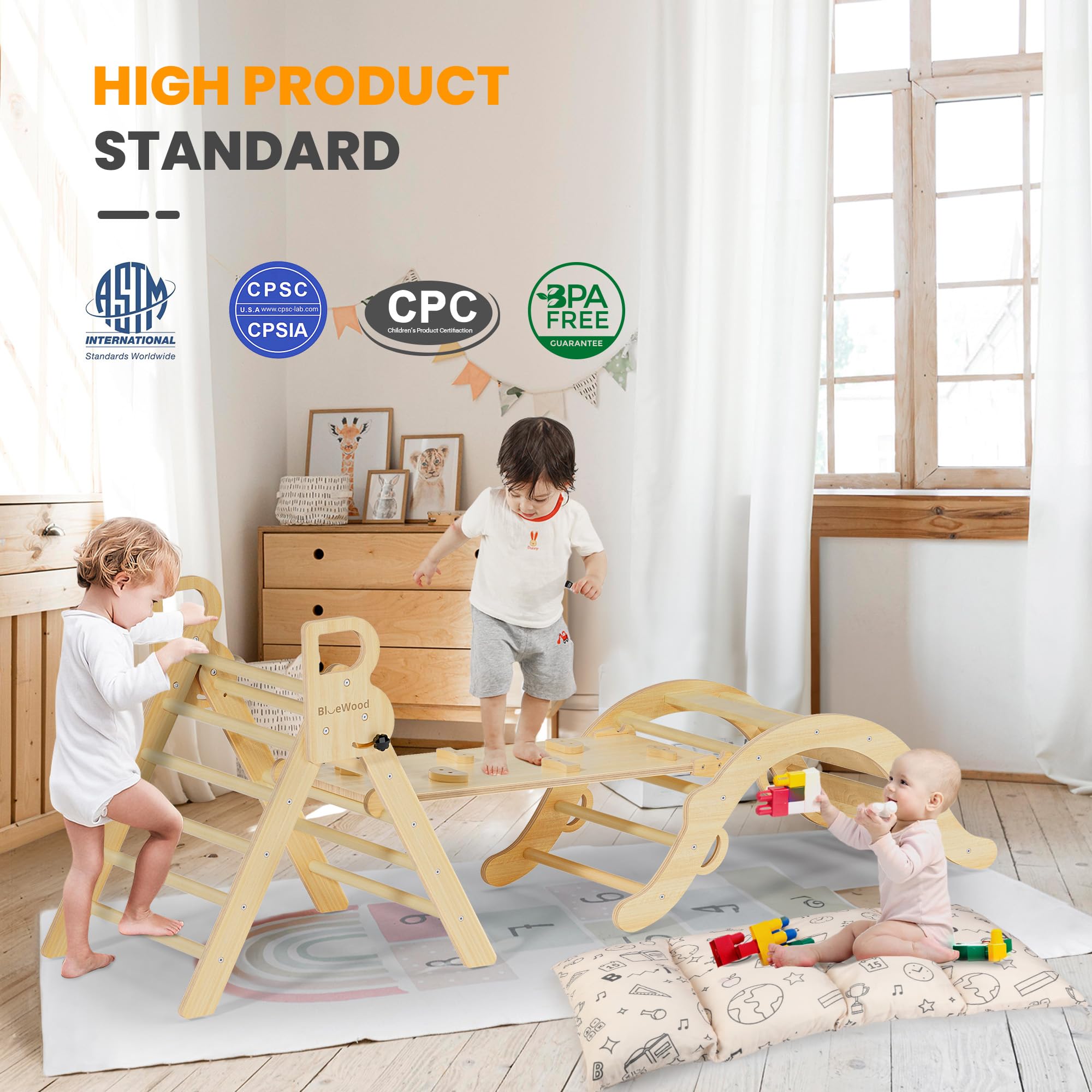 BlueWood Pikler space-saving design helps keep rooms tidy.