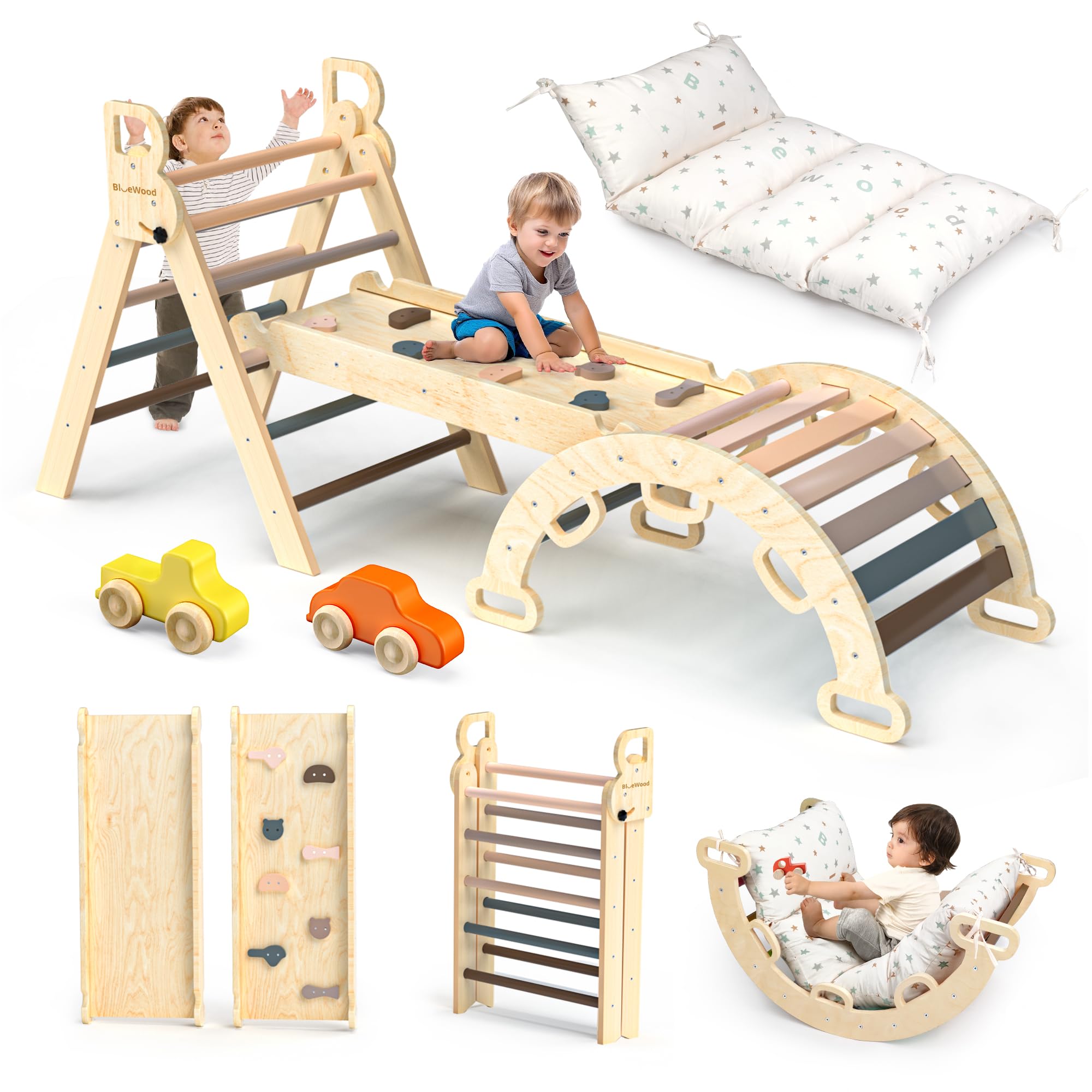 BlueWood Pikler triangle with cushion for safe, cushioned climbing and playtime.
