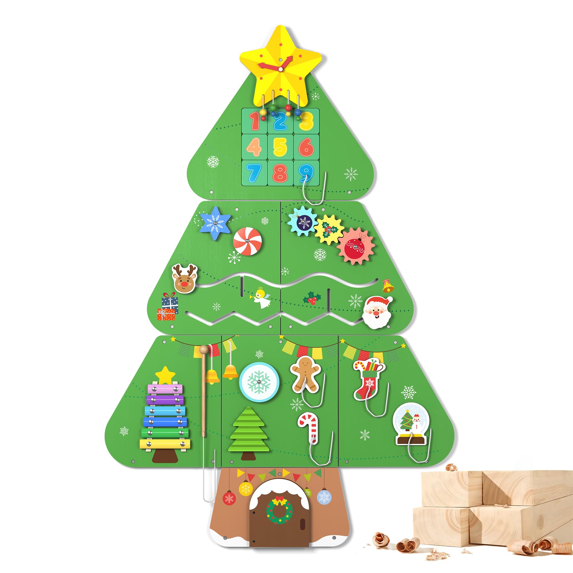 BlueWood wall Busy Board with eight activities to boost hand-eye coordination.