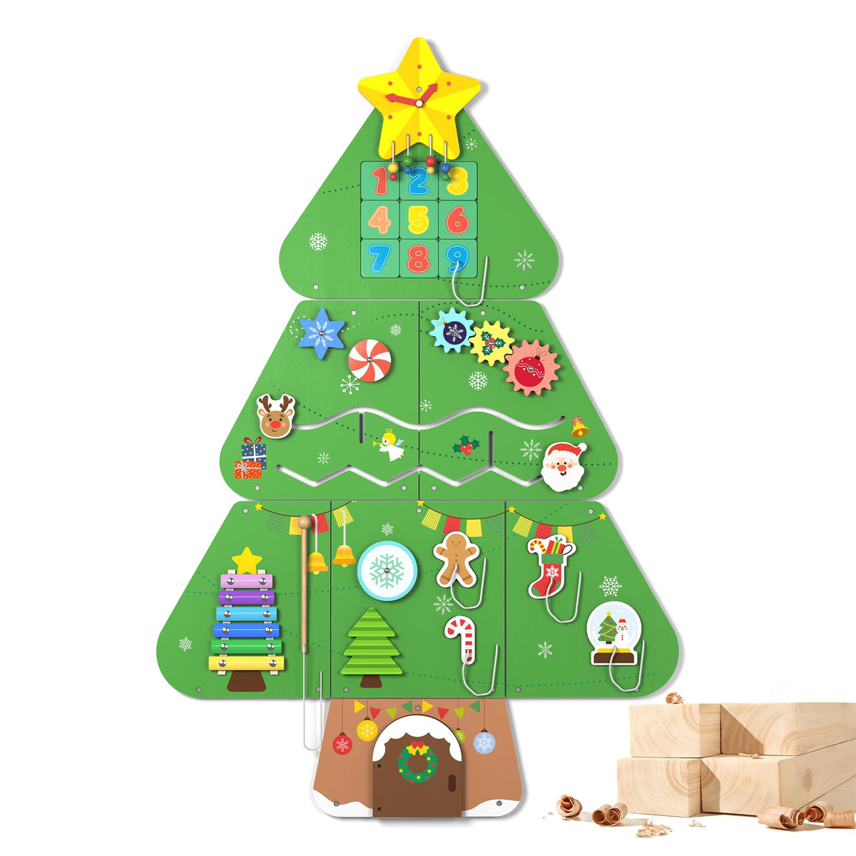 BlueWood wall Busy Board with eight activities to boost hand-eye coordination.
