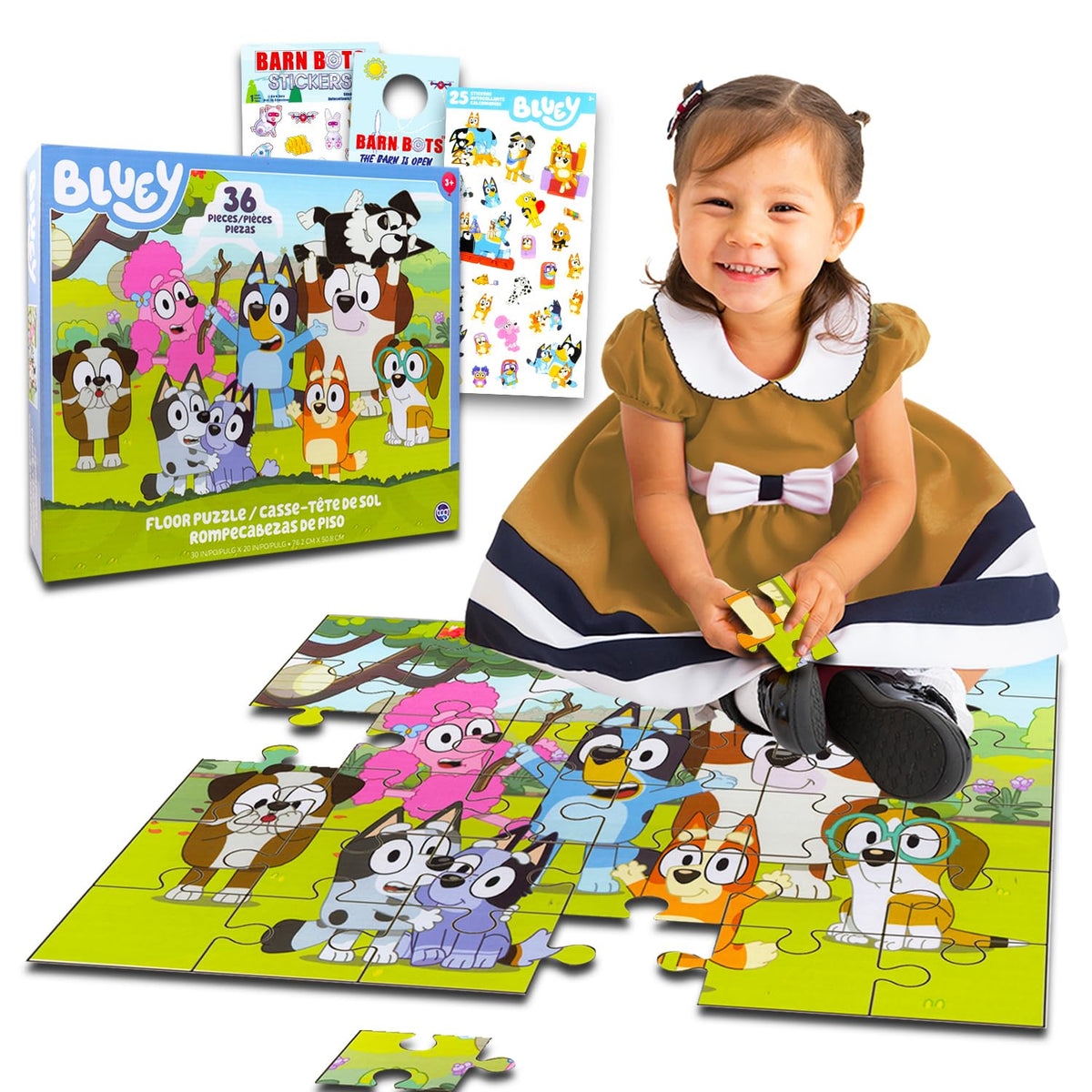 Bluey 36-piece floor puzzle assembly showing Bluey, Bingo, and friends for engaging family fun.